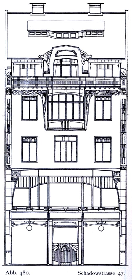 Haus Schadowstr. 47 in Düsseldorf, für Ingenieur H. Tebay durch den Architekten P.P. Fuchs im Jahre 1903 bis 1904 erbaut, Vorderansicht