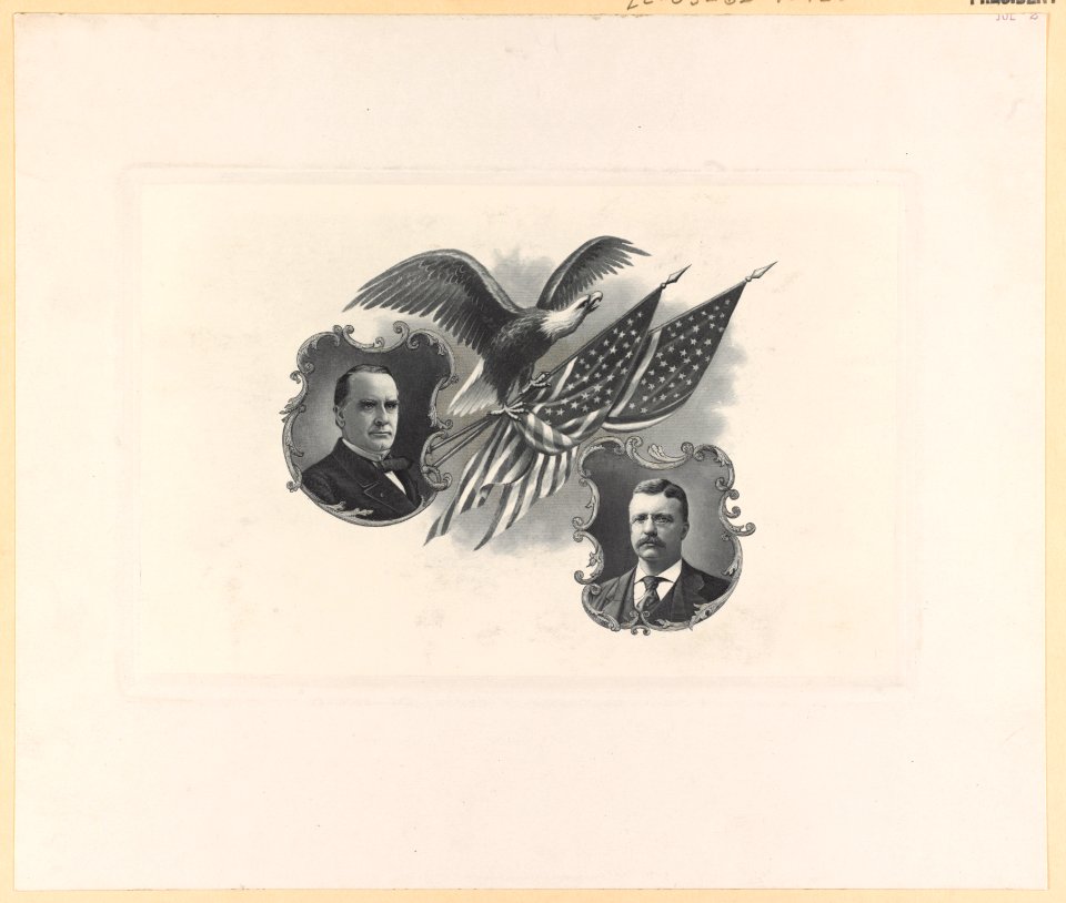 Head-and-shoulders portraits of William McKinley and Theodore Roosevelt and eagle with two U.S. flags LCCN89709930