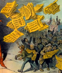 Headlines, Venom, Attacks on honest officials, Sensationalism, Strife, Personal grievance, Appeals to passion, Misrepresentation, Self advertisement - The Yellow Press by L.M. Glackens (cropped)