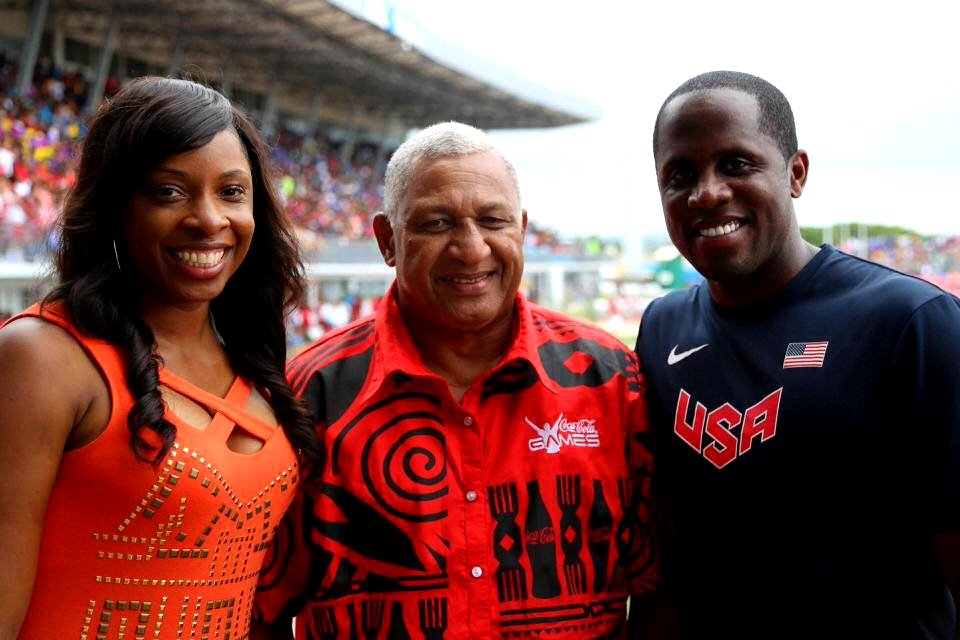 Hazel Clark and Dwight Phillips with Fiji PM, Bainimarama