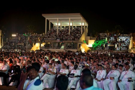 Heads of navies and other delegates, representing more than 50 countries, attend an welcoming ceremonies leading up to India's International Fleet Review 2016