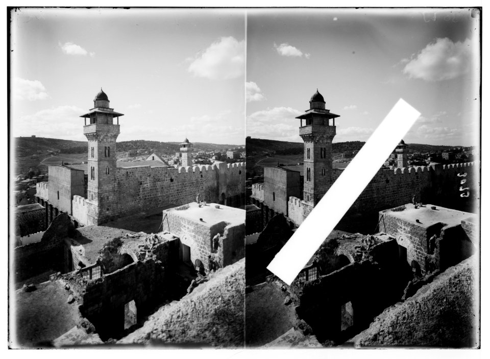 Hebron and surroundings. Machpelah enclosure showing Herodian Wall. Christian basilica and Moslem (i.e., Muslim) minaret LOC matpc.02620