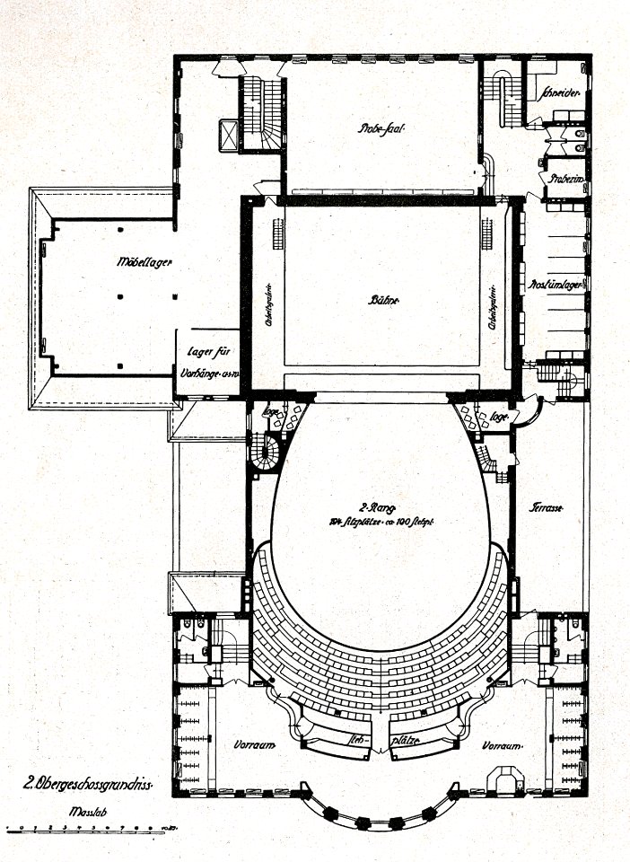 Heilbronn, Altes Theater, 2.Obergeschoss-Grundriss, Ausführungsplan von Theodor Fischer (* 28. Mai 1862 in Schweinfurt; † 25. Dezember 1938 in München)