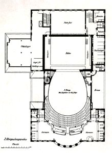 Heilbronn, Altes Theater, 2.Obergeschoss-Grundriss, Ausführungsplan von Theodor Fischer (* 28. Mai 1862 in Schweinfurt; † 25. Dezember 1938 in München)