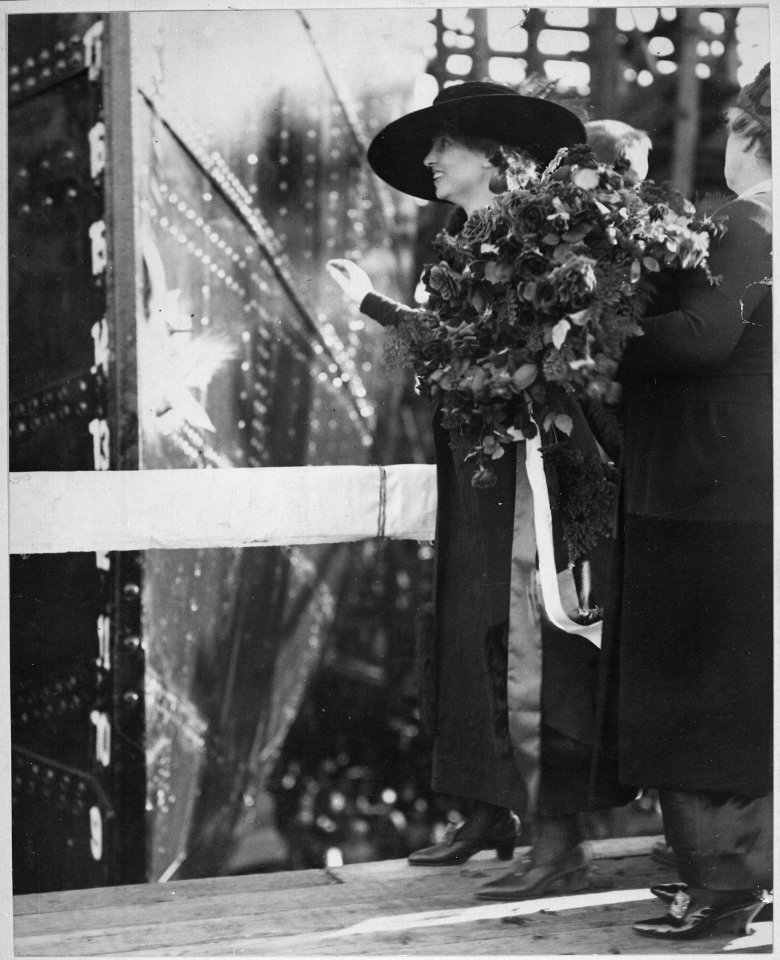 Helen Keller Christens a United States Emergency Fleet ship launched in the Los Angeles harbor. The newly completed ship - NARA - 533716