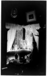 Helena Modjeska, full-length portrait, seated, facing left, at small table, surrounded by vases, painting, etc. LCCN90707247