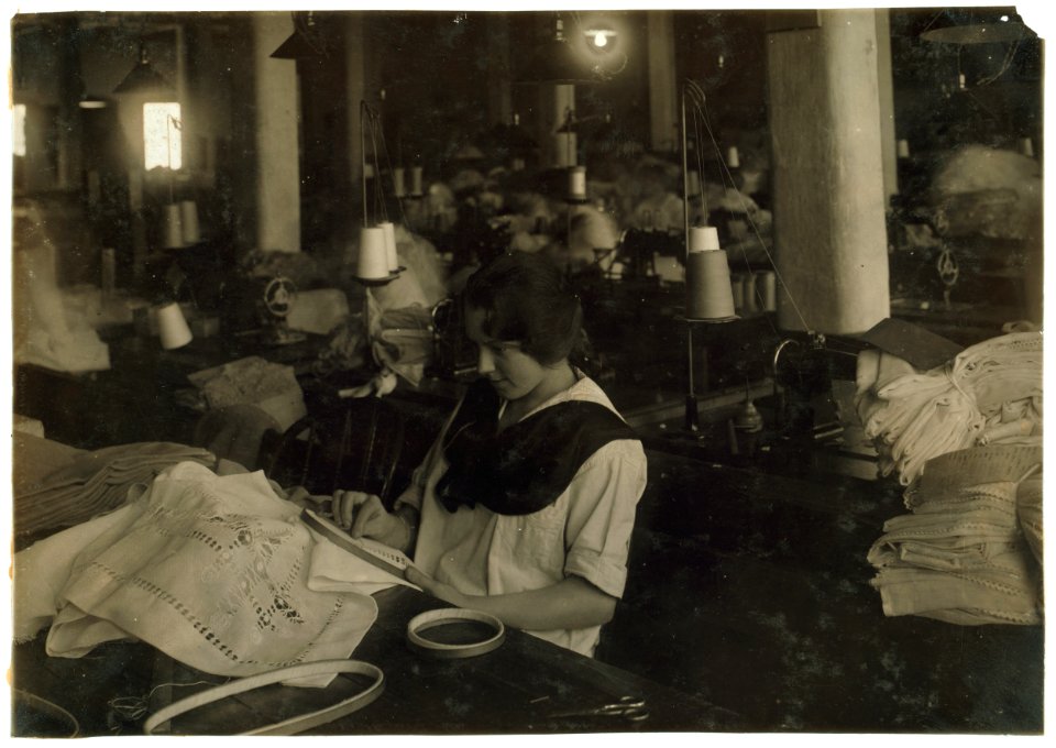 Helen Whitty (15 years old). Hand drawn work on curtains at Boutwell, Fairclough & Gold, 274 Summer Street Extension. Mr. Fitzgerald, Manager. LOC nclc.05193