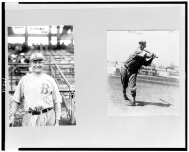 Henry Harrison Myers, Brooklyn NL baseball player, half-length portrait, standing, facing front; and full-length, facing slightly left, swinging bat LCCN94512075