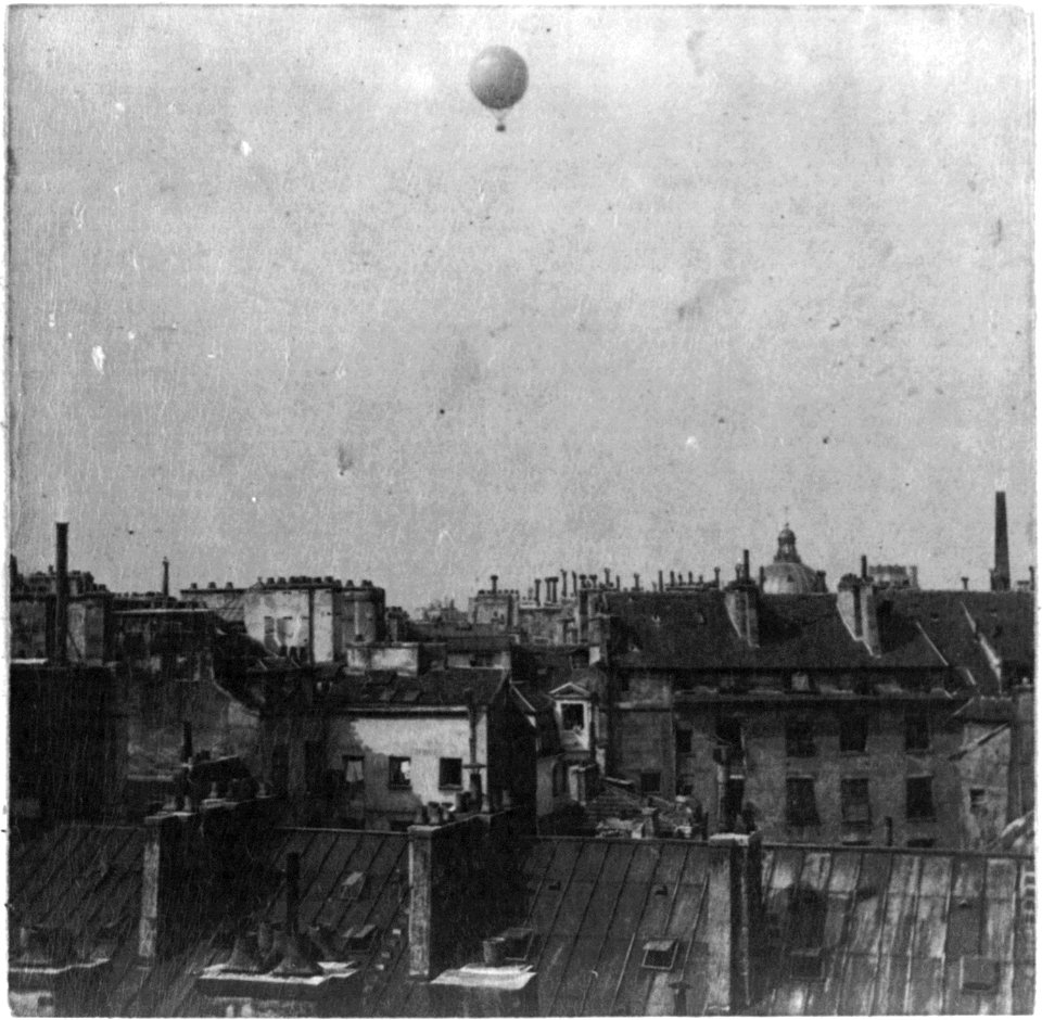 Henri Giffard's balloon above rooftops, Paris, 1878