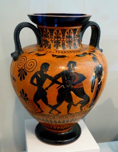 Herakles and the Nemean Lion, with Theseus and the Minotaur, neck amphora (storage jar), Greek, Attic, 540-530 BC, terracotta, black-figure technique - Arthur M. Sackler Museum, Harvard University - DSC01551 photo