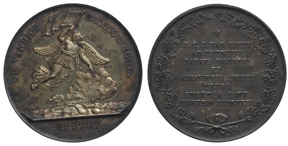 Herdenkingspenning t.g.v. de heldendood van J.C.J. van Speyk in doos. objectnr PB 889.12