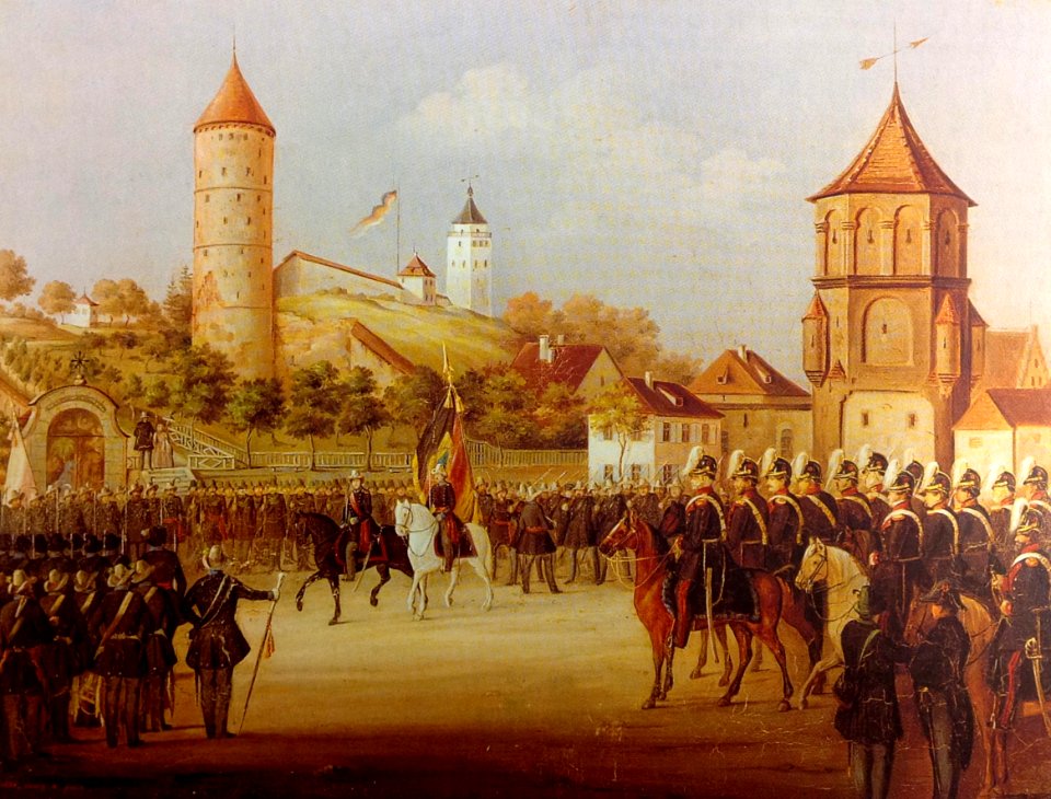 Hermann Volz Parade der Biberacher Bürgerwehr am Riedlinger Tor 1849