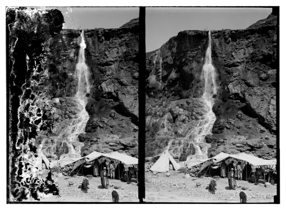 Herod's hot baths of Callirhoe. Wady Zerka Main. The waterfall and bathers' camp LOC matpc.07595