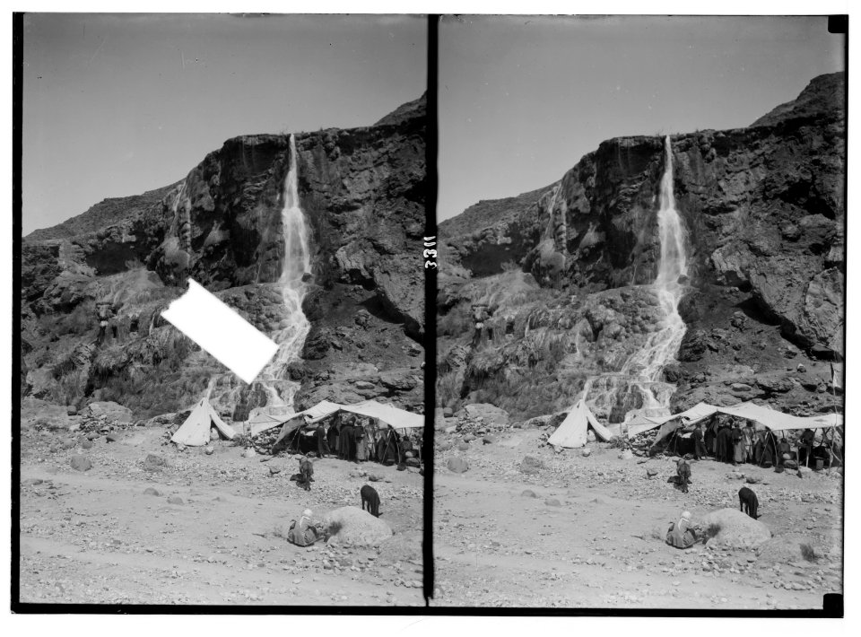 Herod's hot baths of Callirhoe. Wady Zerka Main. The waterfall and bathers' camp LOC matpc.02727