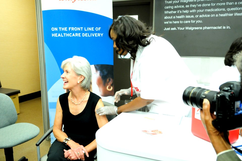 HHS Secretary Sebelius receives her flu shot while visiting a Walgreens in Chicago, IL on Wednesday October 5, 2011