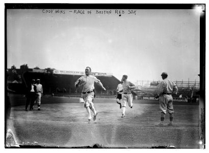 Hick Cady of Boston Red Sox wins foot race with Jack O'Brien (Boston Red Sox trainer, pin shorts, partially obscured) and teammate Buck O'Brien (looking to his right) at Fenway Park, Boston LCCN2014690839