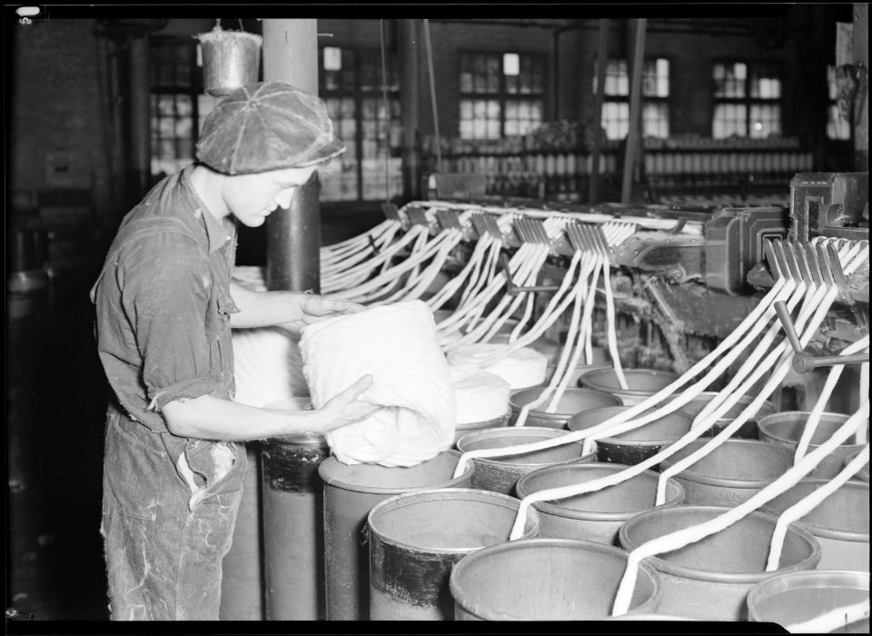 High Point, North Carolina - Textiles. Pickett Yarn Mill. Drawing - back view - semi-skilled - man at machine at... - NARA - 518506