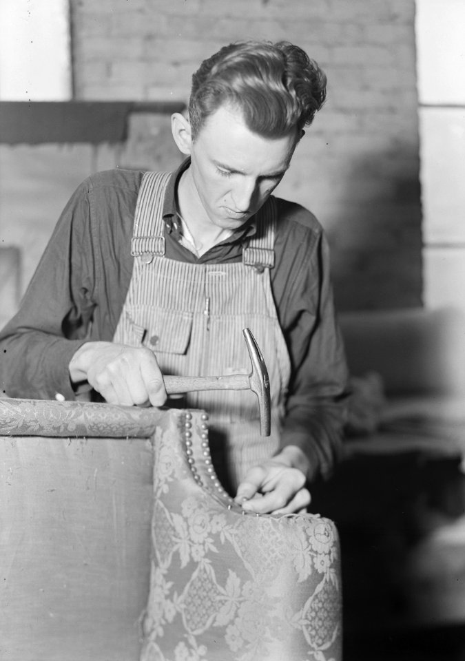 High Point, North Carolina - Upholstering. Tomlinson Chair Manufacturing Co. Decorative nail trim - (Brass rails... - NARA - 518474 (cropped)