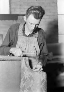 High Point, North Carolina - Upholstering. Tomlinson Chair Manufacturing Co. Decorative nail trim - (Brass rails... - NARA - 518474 (cropped)
