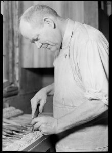 High Point, North Carolina - Upholstering. Tomlinson Chair Manufacturing Co. Hand carver - closeup with man actually... - NARA - 518495