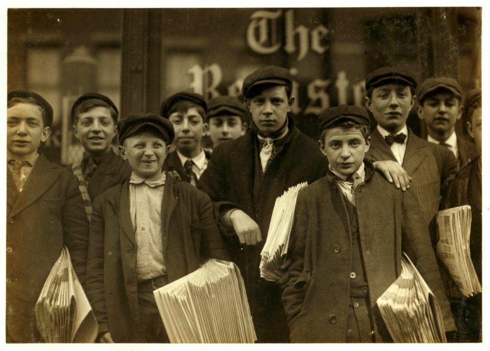 High school route boys. Adolescents. Some in back row have been newsboys for seven, eight and nine years. LOC nclc.03264