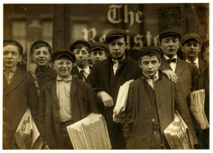 High school route boys. Adolescents. Some in back row have been newsboys for seven, eight and nine years. LOC nclc.03264