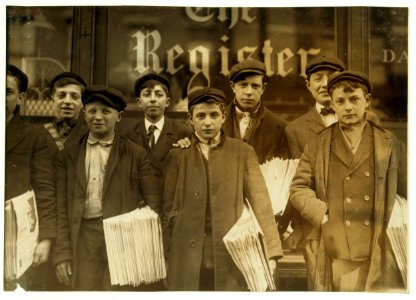 High school route boys. Adolescents. Some in back row have been newsboys for seven, eight and nine years. LOC nclc.03267