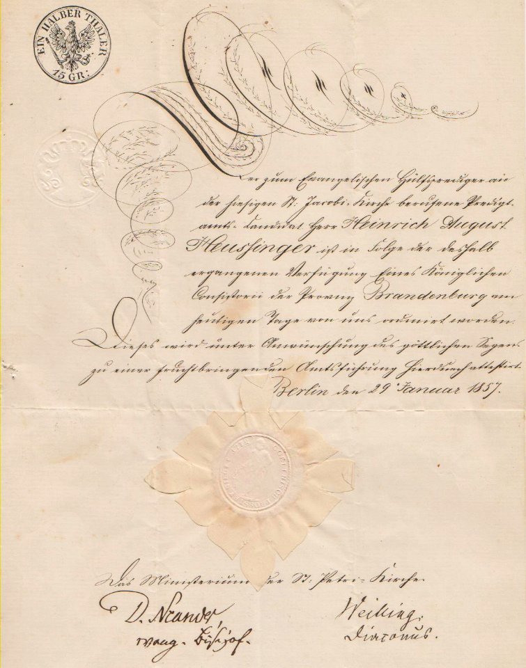 Heußinger,August Ordinierung 1857 Berlin