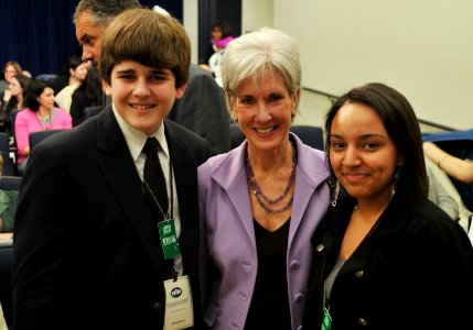 HHS Secretary Sebelius poses with participants at the White House Bullying Conference before giving remarks on Thursday March 10
