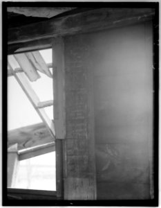 Historic American Buildings Survey L. C. Durette, Photographer WEST WINDOW, SOUTH ELEVATION. THE VERTICAL PLANK WAS THE LEFT JAMB OF THE ORIGINAL WINDOW - Doe Garrison, Lamprey HABS NH,8-NEWM,1-29