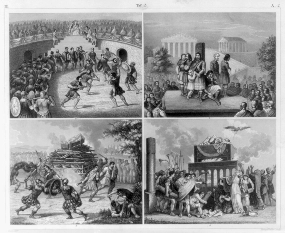 History and Ethnology of Ancient Rome- 4 illus- fig. 1 Exhibition of captives in the forum; fig. 2 Gladiators in the theatre; fig. 3 Gladiators at funerals; fig. 4. Funeral of Emperors LCCN2006679885