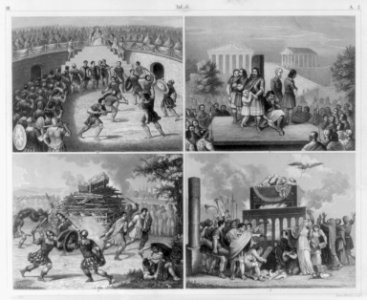 History and Ethnology of Ancient Rome- 4 illus- fig. 1 Exhibition of captives in the forum; fig. 2 Gladiators in the theatre; fig. 3 Gladiators at funerals; fig. 4. Funeral of Emperors LCCN2006679885