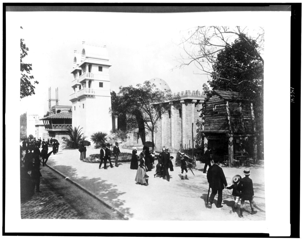 History of Habitation exhibit showing from left to right, Assyrian, Phoenician, Hebrew, Etruscian, Hindu, Persian dwellings and a Germanic log house, Paris Exposition, 1889 LCCN92521039