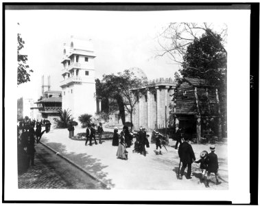 History of Habitation exhibit showing from left to right, Assyrian, Phoenician, Hebrew, Etruscian, Hindu, Persian dwellings and a Germanic log house, Paris Exposition, 1889 LCCN92521039