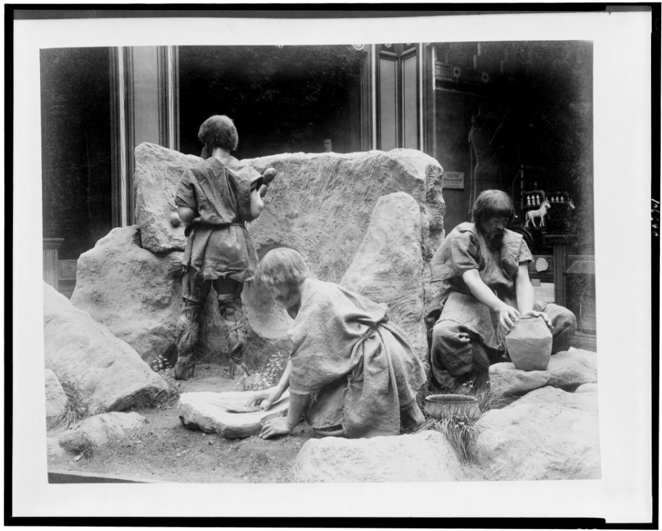 History of Work exhibit showing diorama of people from the Polished Stone Age building a dolman, polishing a hatchet, and making pottery, Paris Exposition, 1889 LCCN92521070