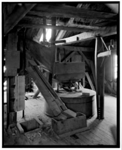Historic American Buildings Survey L. C. Durette, Photographer March 19, 1937. MILL MACHINERY ON SECOND FLOOR FROM SOUTH EAST, CHUTE, HOPPER FOR CORN - Winnicut Grist Mill, HABS NH,8-STRAT,1-8