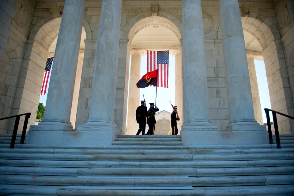 His Excellency Joᾶo Lourenço, minster of defense of Angola, renders honors during an Armed Forces Full Honors Wreath-Laying at the Tomb of the Unknown Soldier (34442373130)