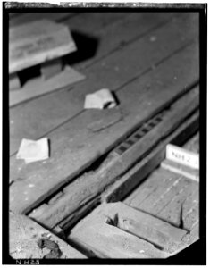 Historic American Buildings Survey L.C. Durette, Photographer ATTIC FLOOR FRAME SHOWING MORTISE WEST NEAR B-B LOOKING NORTH - John Cram Farmstead, Hampton Falls, Rockingham HABS NH,8-HAMTOF,1-16