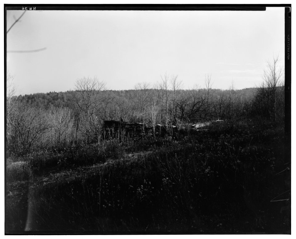 Historic American Buildings Survey L.C. Durette, Photographer SOUTH EAST VIEW FOUNDATION OF BARN - APPLE ORCHARD BEYOND - Pioneer Cabin, Campton Station, Grafton County, NH HABS NH,5-CAMP.V,1-24