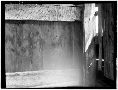 Historic American Buildings Survey L. C. Durette, Photographer WEST WINDOW OF NORTH ELEVATION, 2d FLOOR. CARPENTER'S V MARKS FOR LOCATION OF REBATE - Doe Garrison, Lamprey River HABS NH,8-NEWM,1-27