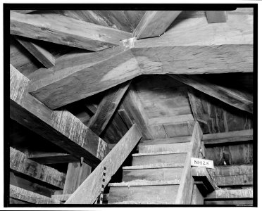 Historic American Buildings Survey L.C. Durette, Photographer CONSTRUCTION of DECK of STEEPLE - First Methodist Episcopal Church, Valley and Jewett Streets (moved from NH, HABS NH,6-MANCH,1-4