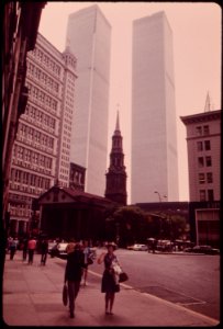 Historic Trinity Church on Lower Broadway at the Foot of Wall Street. Behind Loom the Towers of One of Manhattan's Newest Giants, the World Trade Center 05-1973 (3953391026)