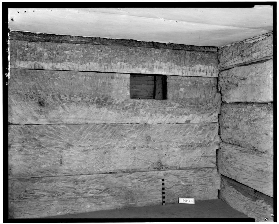 Historical American Buildings Survey L. C. Durette, Photographer July 27, 1936 INTERIOR OF GARRISON NORTH CORNER 2nd FLOOR LOGS CHIPPED TO RECEIVE INSIDE PLASTER - Gilman Garrison, HABS NH,8-EX,2-24
