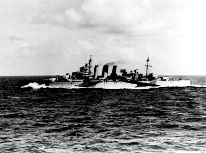 HMAS Shropshire (73) underway in 1943
