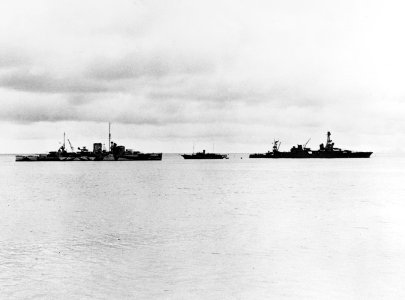 HMNZS Leander (75), USS Chicago (CA-29) and USS Niagara (PG-52) at anchor off Suva in February 1942 (80-G-7293)