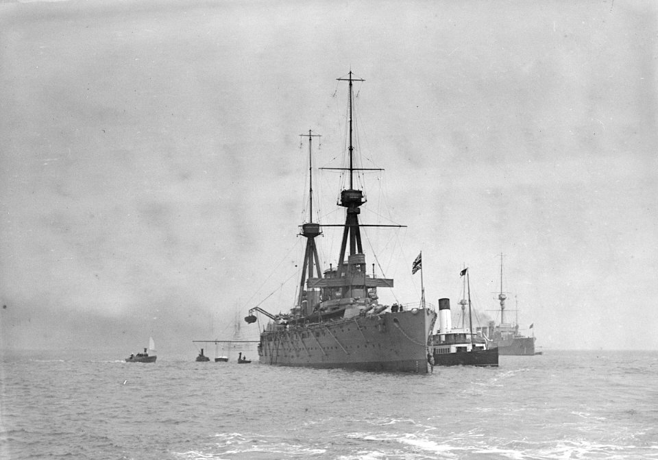 HMS 'Invincible' (1907) anchored at Spithead. RMG P00035