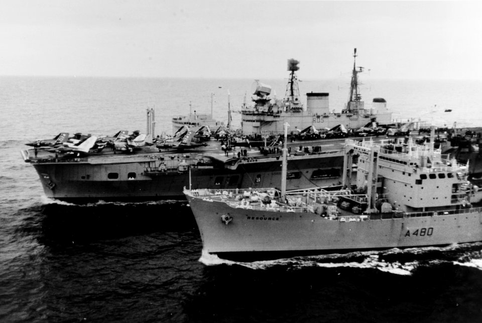 HMS Eagle (R05) is replenished RFA Resource (A480) on 24 September 1969