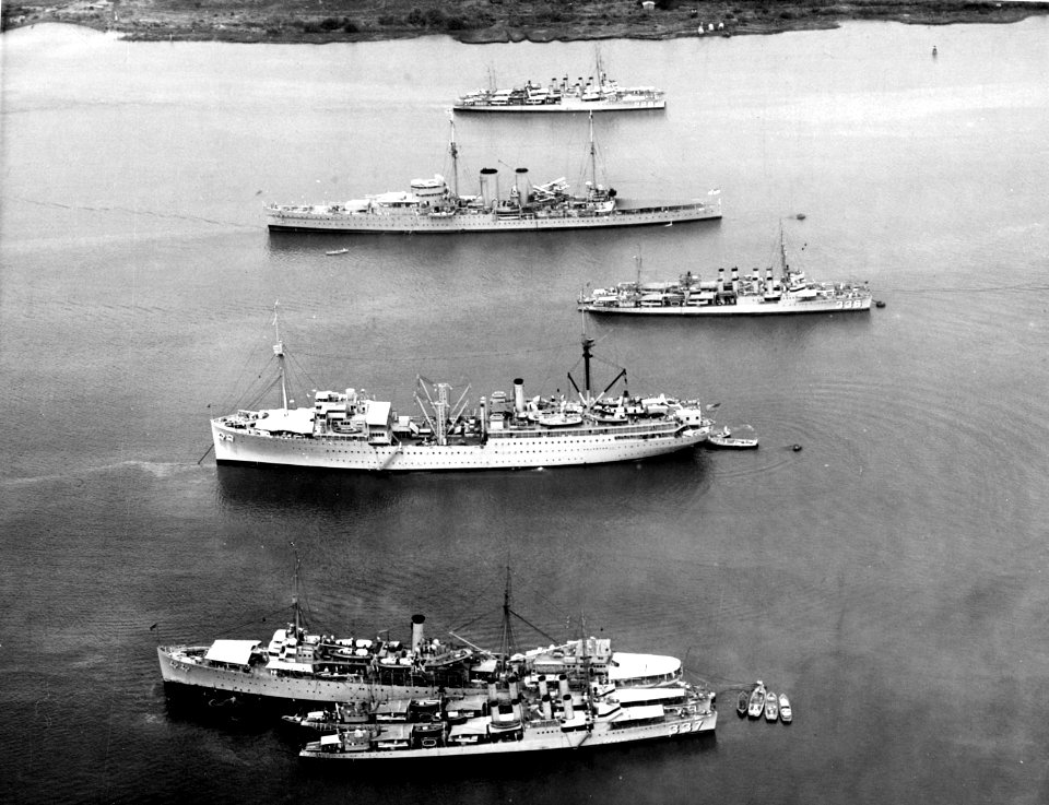 HMS Exeter (68) in Balboa harbour with US Navy ships on 24 April 1934