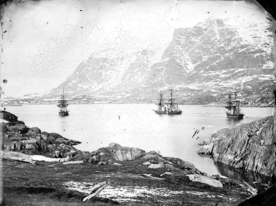 HMS Phoenix (1832), HMS Talbot (1824) and HMS Diligence (1814) at anchor, Holsteinborg RMG G04254