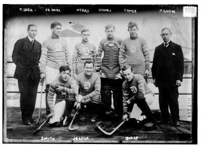 Hockey team - P. Shea, De Barr, Myers, Brooks, Comer, Osmum, Smith, Sharp, and Jesson LCCN2014692062